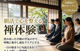 禅体験 朝活として早朝の澄み切ったお寺の本堂で出勤前に座禅を組む人々の様子