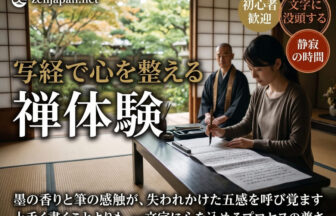 禅体験 写経として静かなお寺の本堂で一文字ずつ丁寧に筆を進める様子